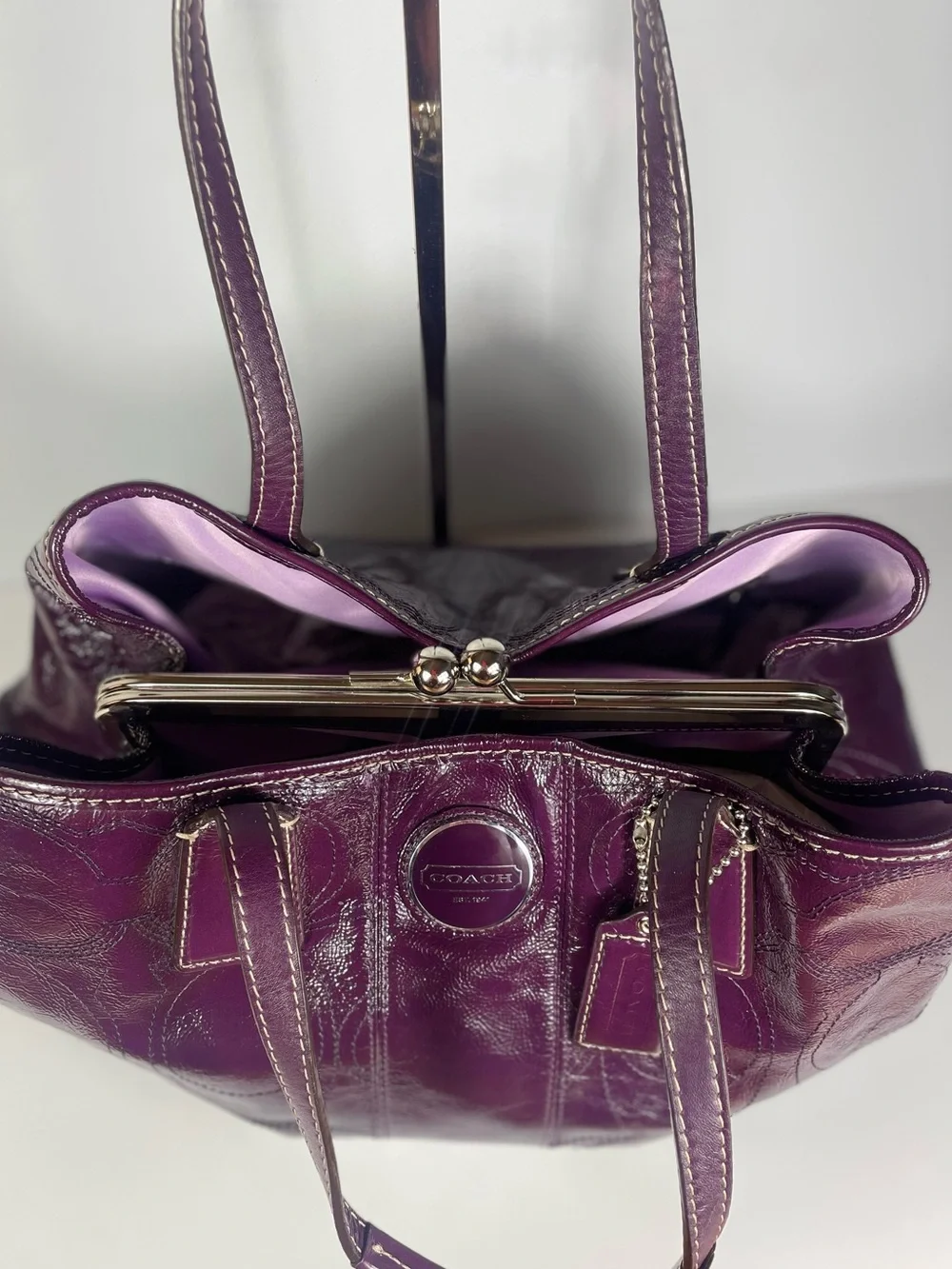 Coach Signature Stitch Plum Patent Leather Kiss-lock Carryall Y2K